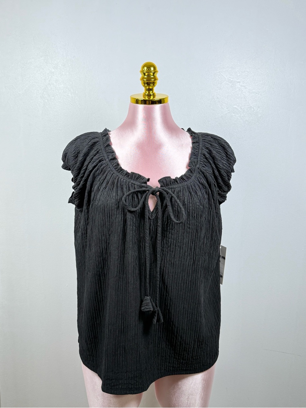 Ember Black Crinkle Blouse NWT Peasant Top Tie Neck Short Sleeve Boho  Size L